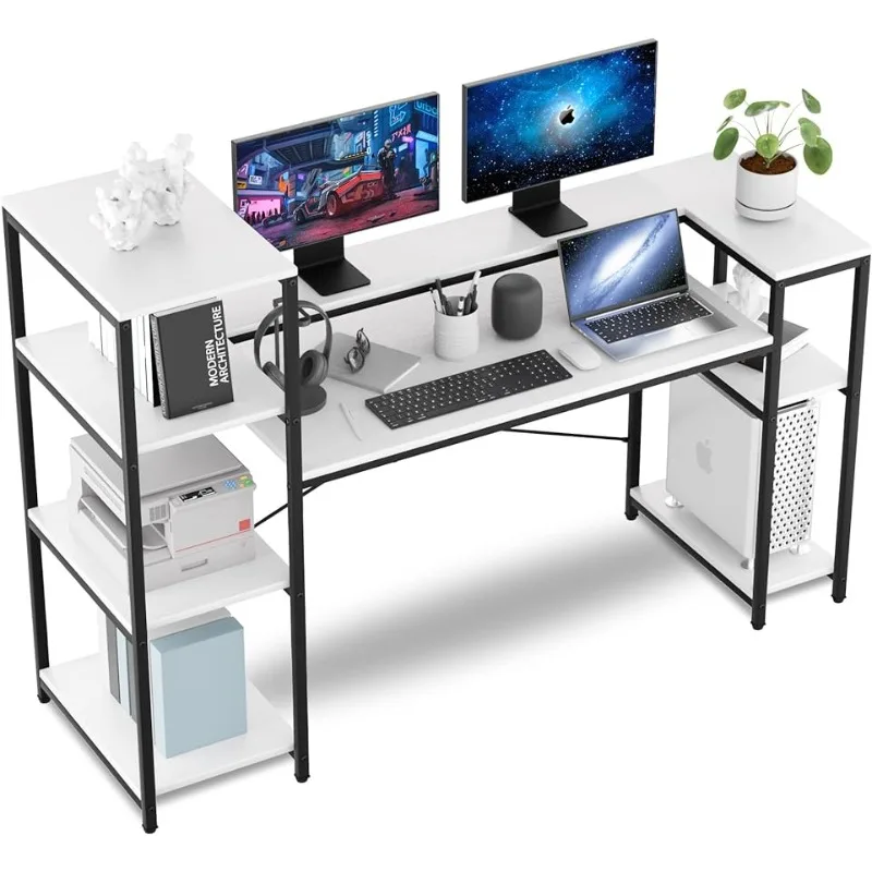

Белый компьютерный стол с 4-уровневыми полками для хранения, большой промышленный офисный стол 63 дюйма с полкой для монитора и подставкой для процессора