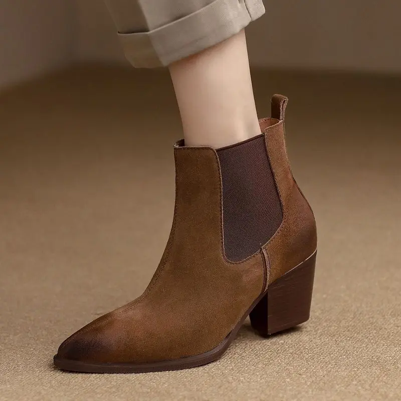 

Осенне-зимние базовые Стильные Теплые ботильоны, лаконичная теплая обувь из коровьей замши, без застежки, базовая обувь на среднем каблуке, ...