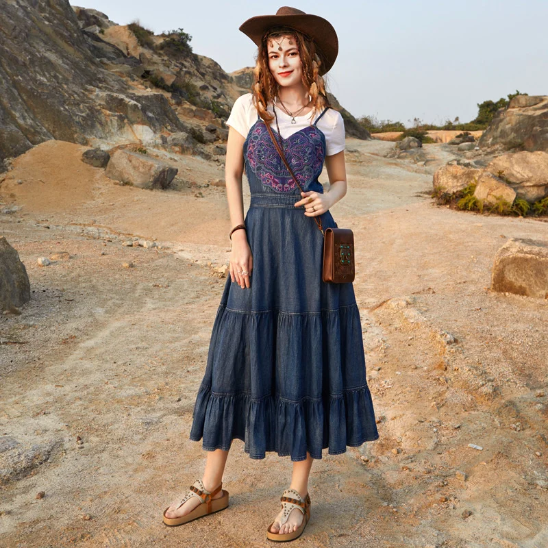 

SeeBeautiful Simple Stitching Loose Denim Strap Dress Embroidery V-neck Sleeveless Women Summer Autumn 2022 New Fashion Q413