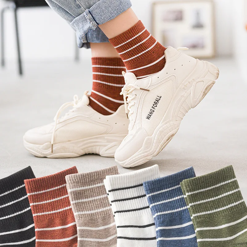Retro Striped Socks Children's Women Medium Tube Socks Spring and Autumn Cotton Stockings Korean Cute Stockings Japanese Socken