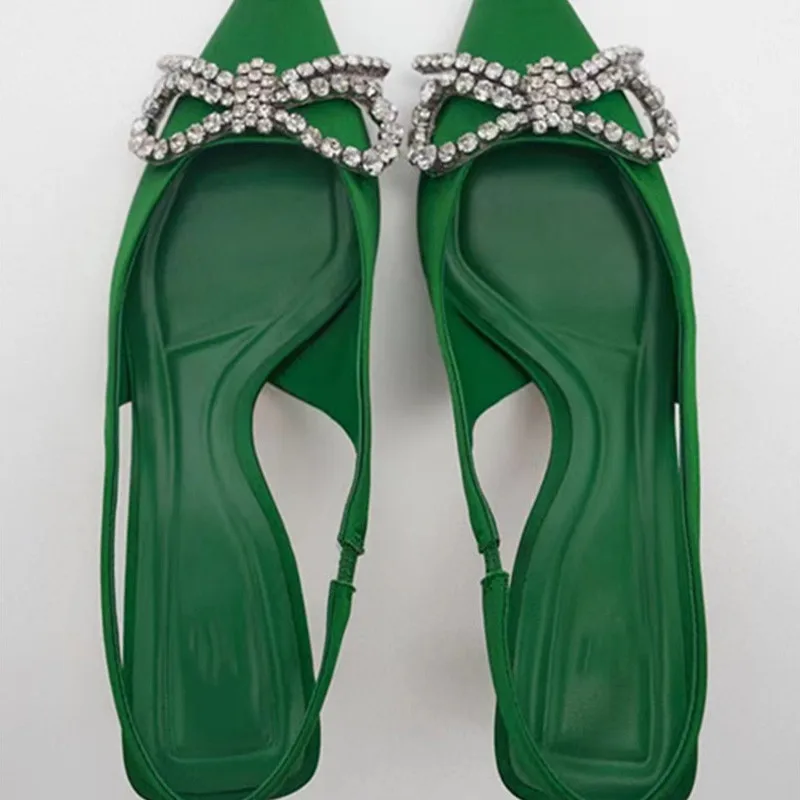 TRAF Green Heeled Sandals Woman Rhinestone Heels Summer 2022 Elegant Bow Ladies Pumps Women High Heels Slingback Lady Shoes