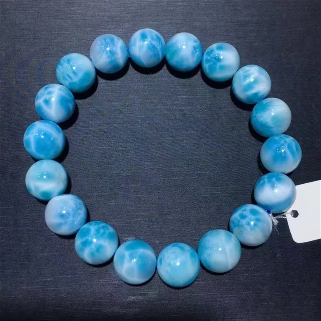 

11mm Natural Blue Larimar Bracelet For Women Lady Men Luck Gift Beads Dominica Crystal Water Pattern Stone Strands Jewelry AAAAA