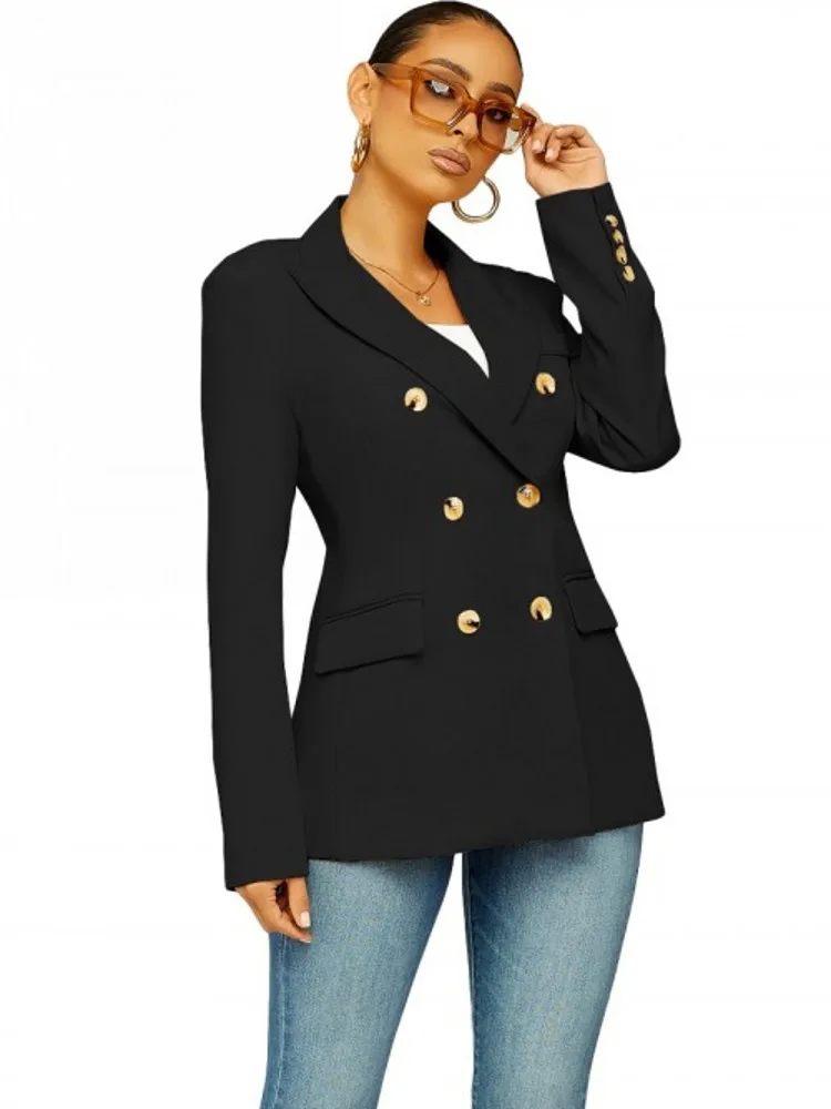 

Женский двубортный блейзер с длинным рукавом, однотонный облегающий офисный пиджак, верхняя одежда для работы, осень
