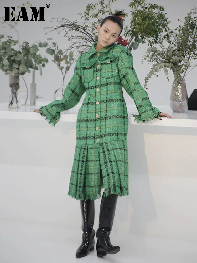 

[EAM] Loose Fit Green Plaid Pleated Elegant Woolen Coat Parkas New Long Sleeve Women Fashion Tide Autumn Winter 2023 1DE9466