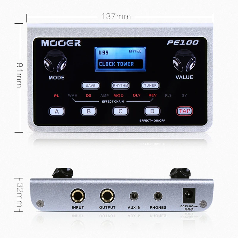 MOOER Multi Effect Guitar Pedal PE100 Guitar Multi Effects Processor Portable Effects Pedal Lcd Display 39 Effect 10 Metronomes