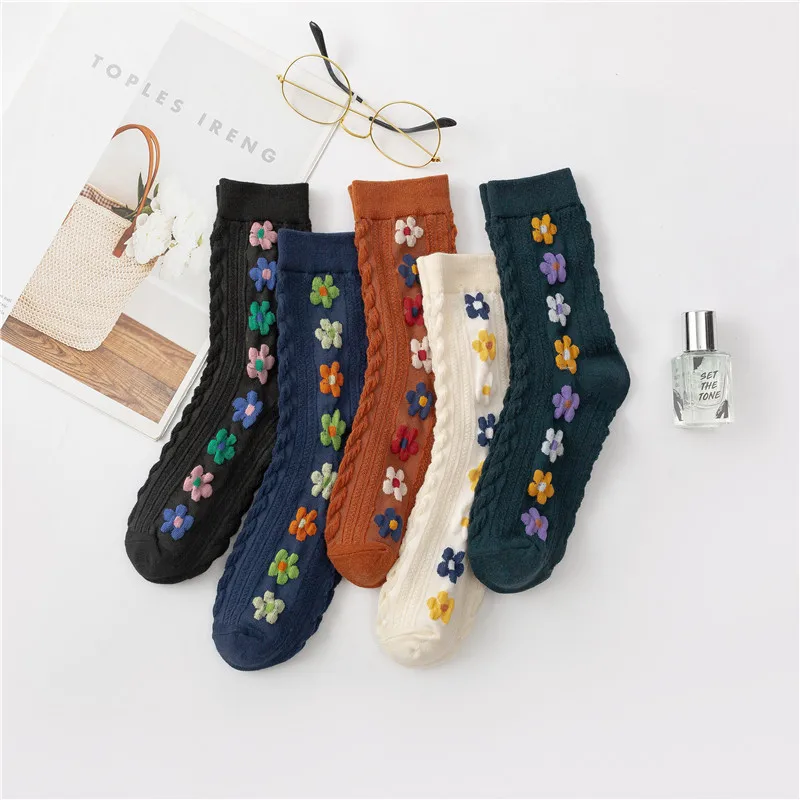 

Женские осенне-зимние этнические хлопковые чулки, японские милые маленькие носки средней длины с цветами для женщин