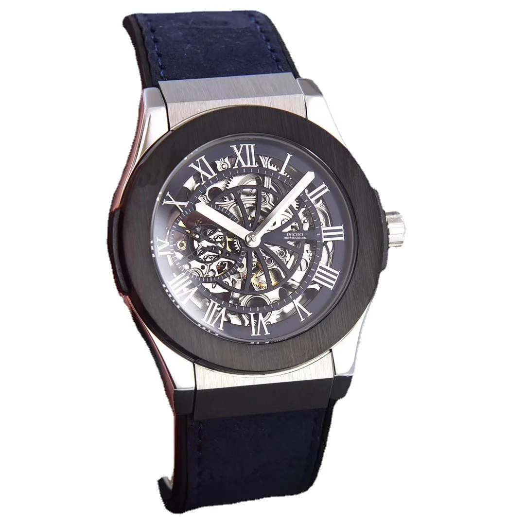 

Luxury Mens Automatic Mechanical Watch Silver Titanium Stainless Steel Black Bezel Grey Leather Sapphire Skeleton Rome Dial