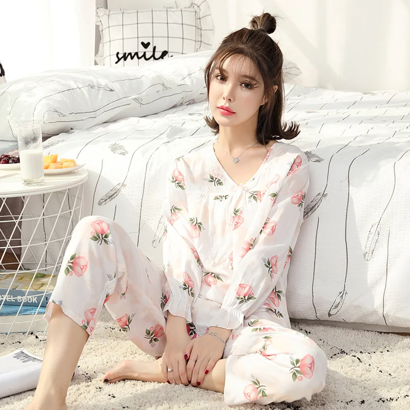 Lace Pajamas Set Casual Sleepwear For Women  Elastic Long Shirt Pants Flower Pyjama Women's 100% Cotton Summer Fashion Home Set