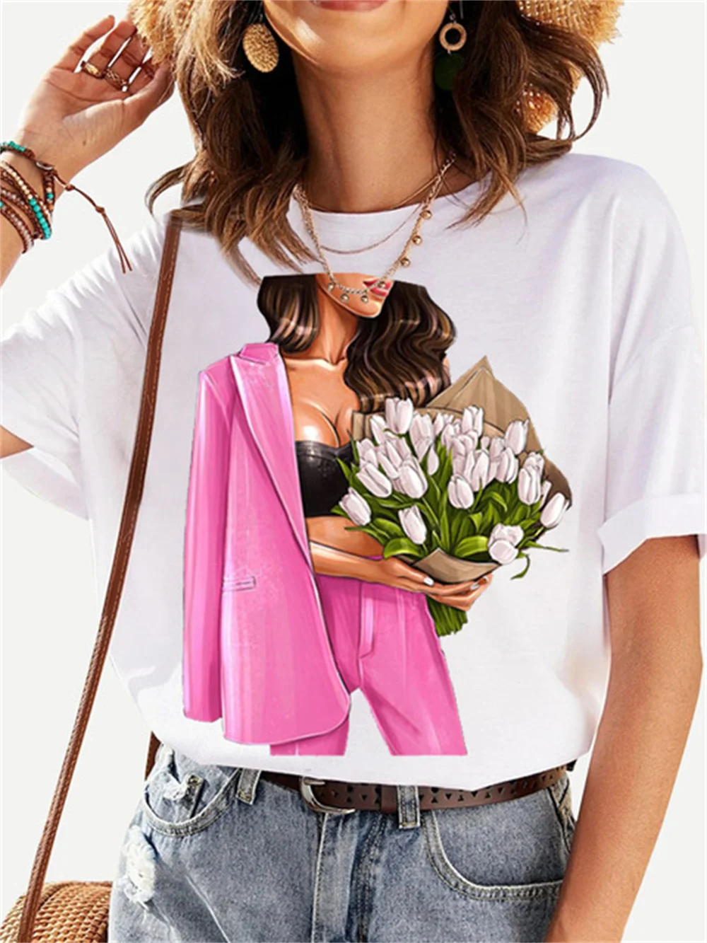 

Women New T-shirts Harajuku Tops Fashion3DCute Girl Graphic Print Casual Short Sleeve Round Neck Loose Y2K Breathable Streetwear