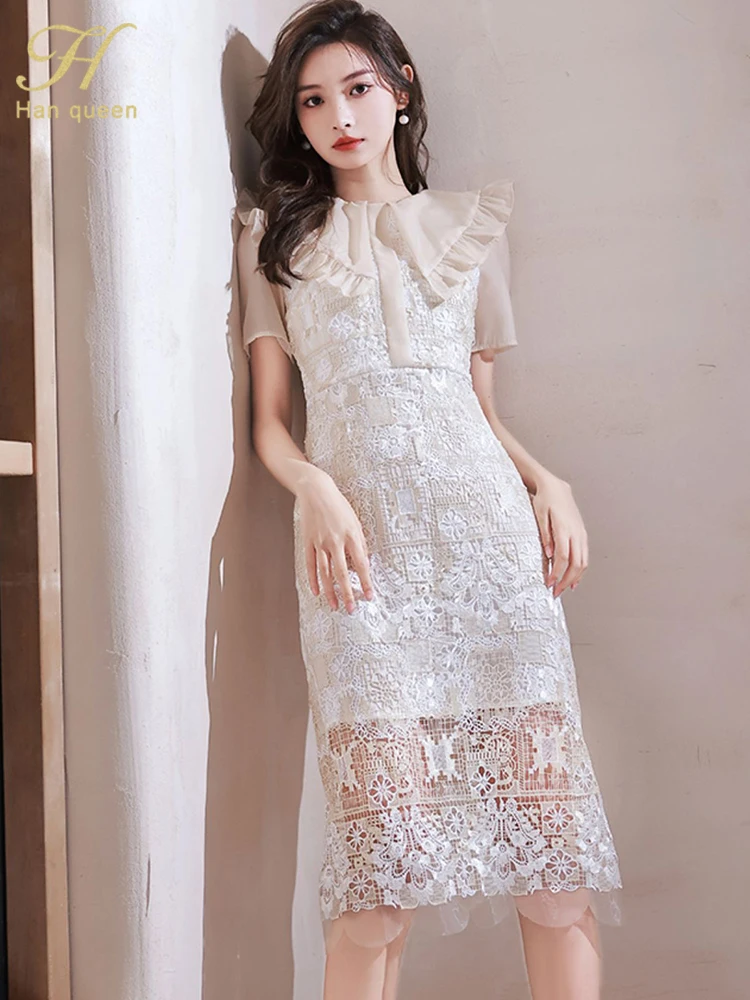 

Женское винтажное платье-карандаш H Han Queen, простроченное кружевное ажурное платье, простое шикарное офисное Повседневное платье для работы, новинка 2023