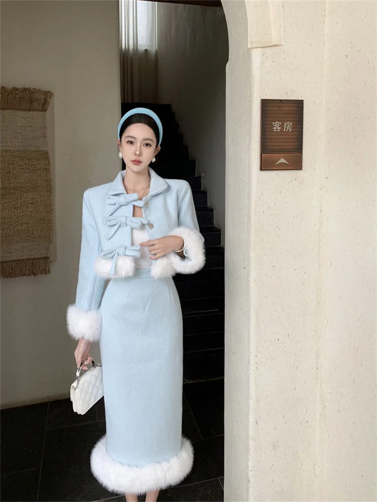 

Winter Two Pieces Sets for Women 2023 Autumn Wool Jacket + Skirt Sets Elegant Sweet Woolen 2 Piece Sets Conjuntos De Saias