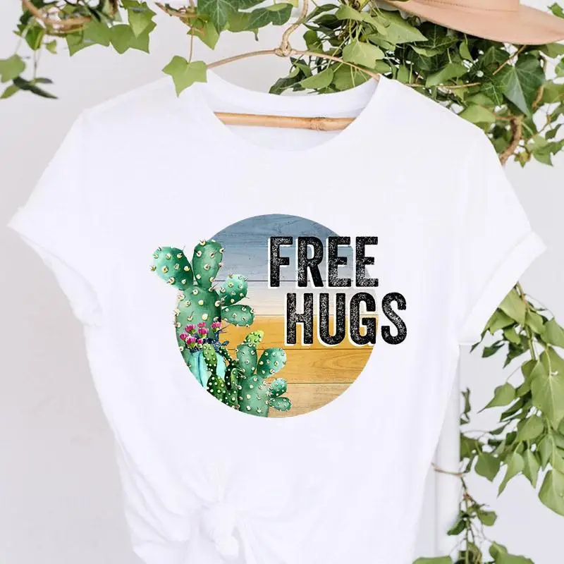 

T-shirts Women Fashion Cactus Cute Lovely Style 90s Print Casual Vacation Graphic Top Cartoon Tshirt Lady O-neck Wear Tee
