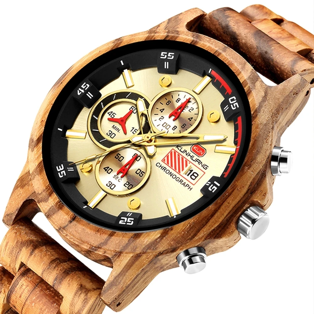 

Mens Stylish Creative Wooden Timepieces Top Brand Luxury Military Sport Chronograph Date Quartz Wood Watches Nice Gift