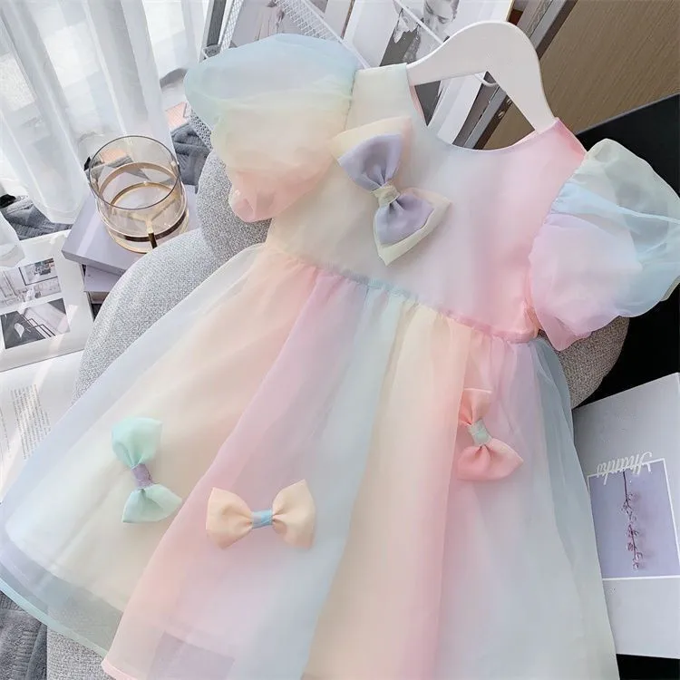 

Fashion Newly Hot Kids Girls Sister Colorful Bow Tie Pattern Shirt Short Sleeve Dresses Princess Dress