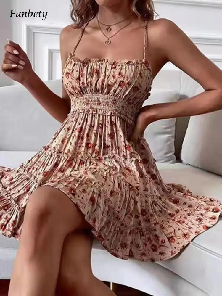 

Летнее сексуальное платье на бретельках с открытой спиной, элегантное милое ТРАПЕЦИЕВИДНОЕ мини-платье с цветочным принтом, женское модное...