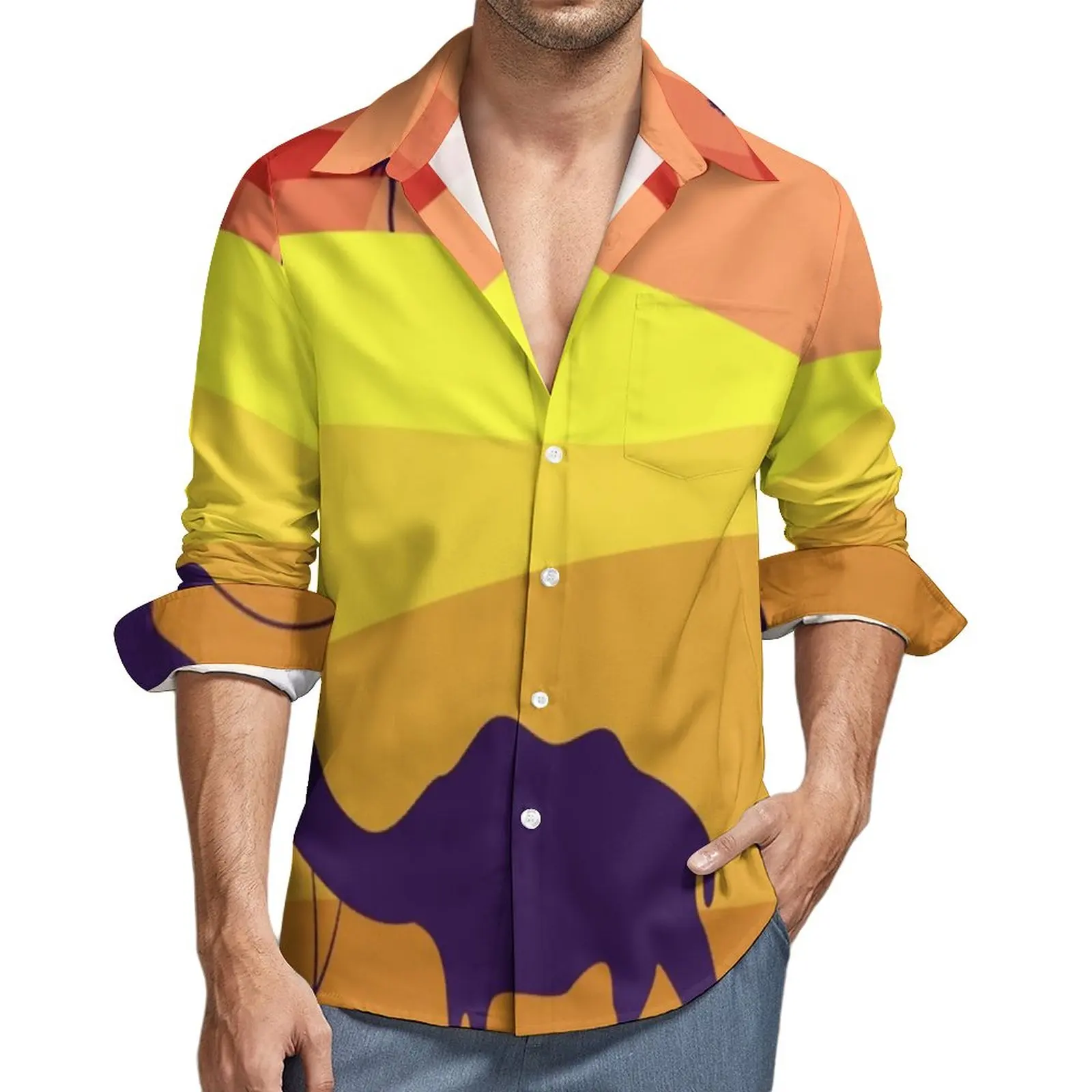 

Desert Cosmic Casual Shirts Man Sunset Sky Print Shirt Long Sleeve Vintage Aesthetic Blouses Autumn Design Clothes 3XL 4XL