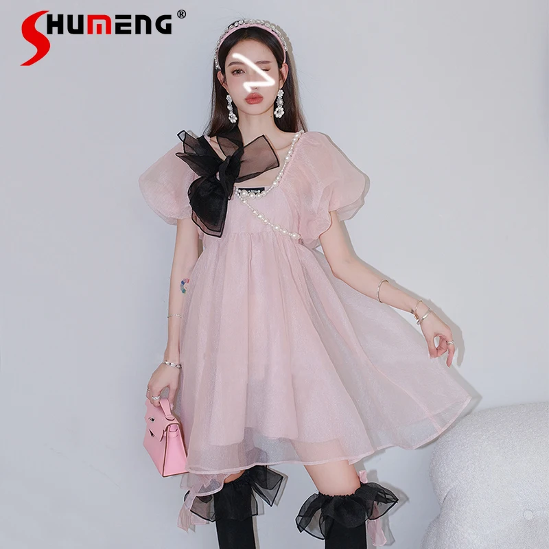 

Женское Короткое платье во французском стиле, розовое Сетчатое платье с бусинами и бантом, лето 2022