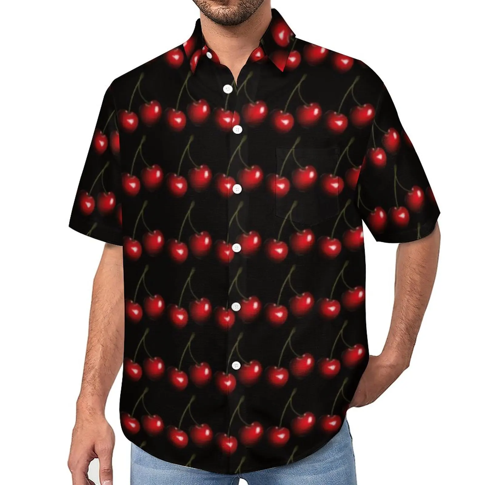 

Fresh Fruit Print Loose Shirt Beach Red Sweet Cherries Casual Shirts Hawaiian Graphic Short Sleeve Aesthetic Oversize Blouses