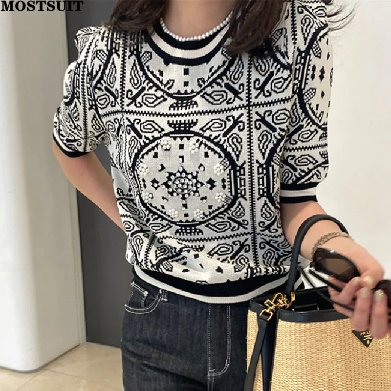 

Женский трикотажный жаккардовый свитер, винтажный стильный шикарный пуловер с бриллиантами и жемчужинами, лето 2023