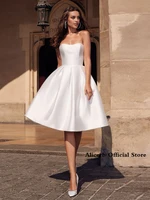 simple white short bridesmaid dress satin open back knee length beach prom gowns princess with pockets vestido de fiesta de boda