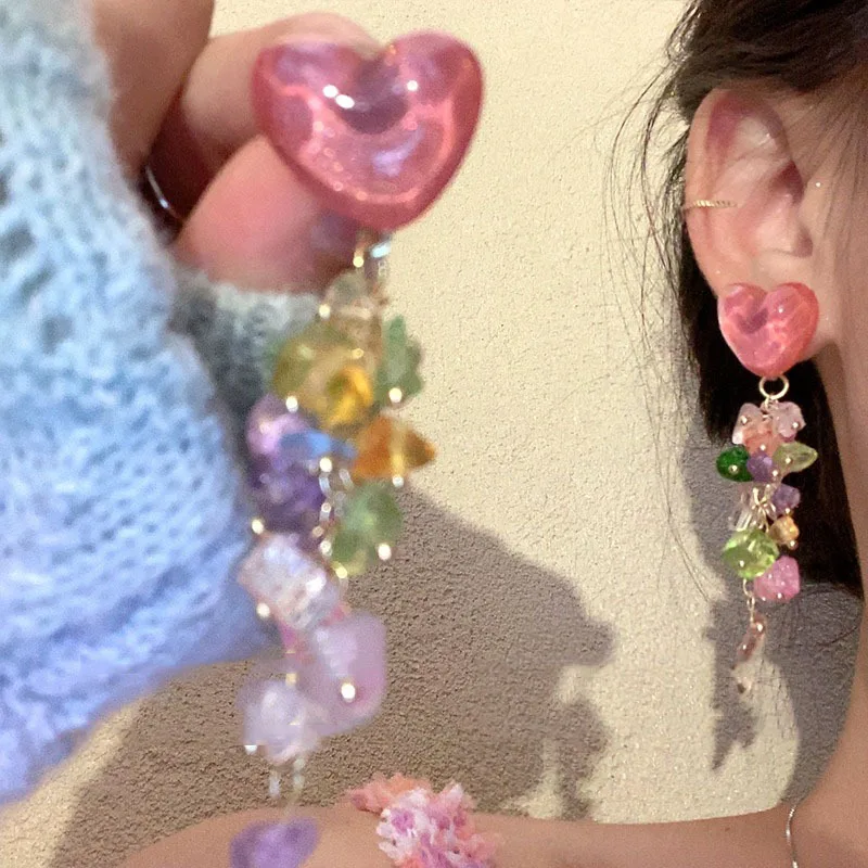

Colorful Stone Tassel Pink Heart Earrings for Women Fashion Personality Summer Daily Accessories Party Jewelry Birthday Gifts