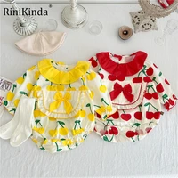 2022 autumn newborn baby girl clothes ruffle print cherry bow romper cute peter pan collar outfit baby girl clothes
