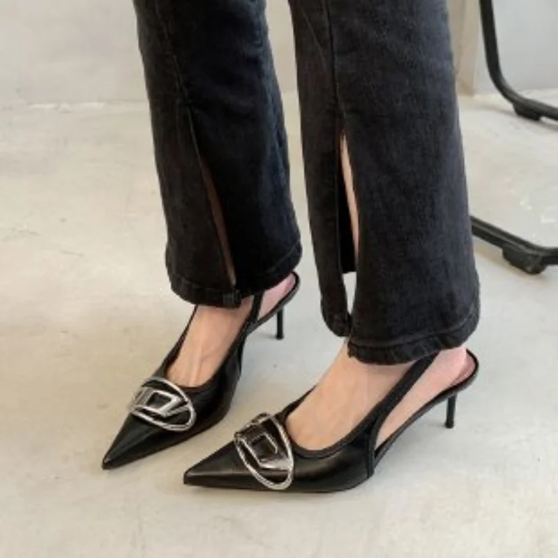 

Spring New Brand Woman Slingback Shoes Fashion Matal Buckle Ladies Elegant Med Heel Pointed Toe Slip on Sandal Mules