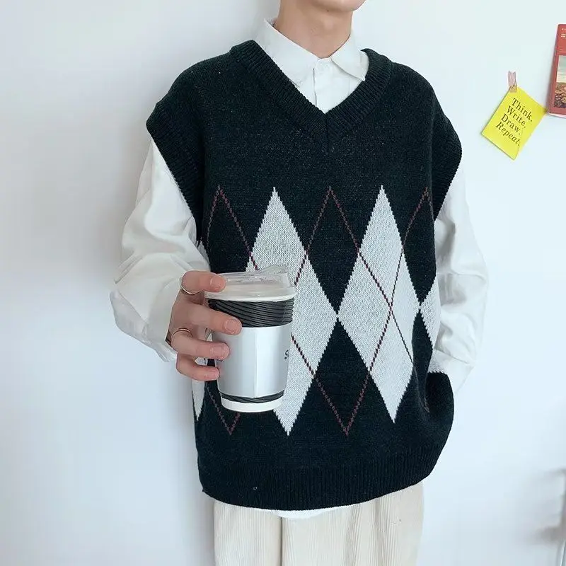 Свитера мужские джемперы с v-образным вырезом мужской вязаный жилет ромб черный