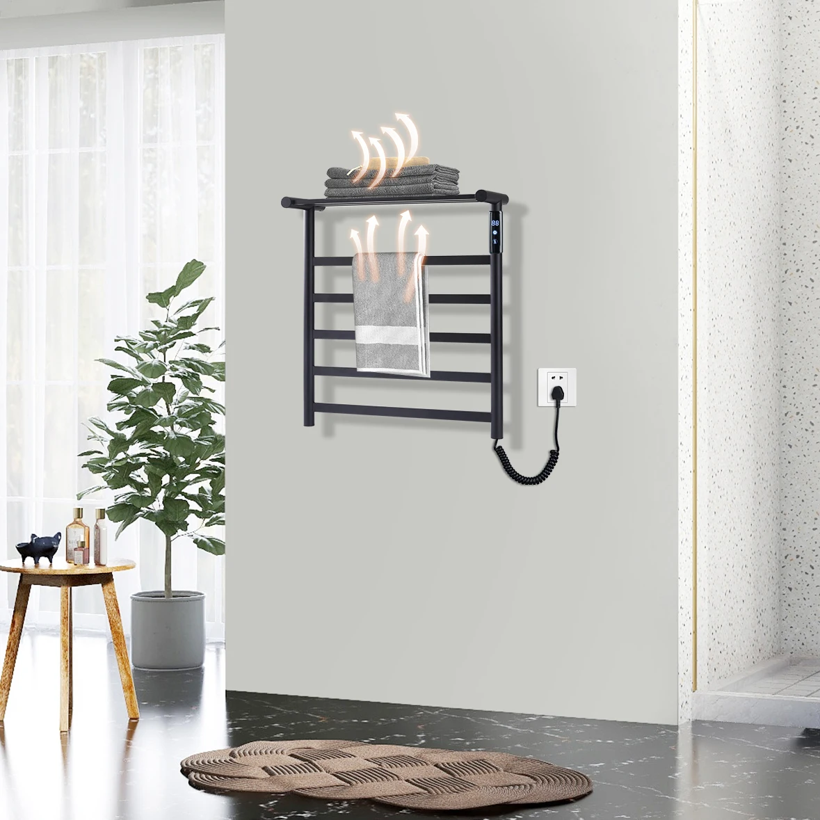 

Antibacterial Smart Electric Towel Warmer Heated 304 Stainless Steel Rail Rack With Shelves Bathrobe Cloth Drying