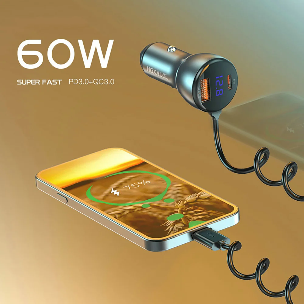 Пружинный кабель USB Автомобильное зарядное устройство Type C Кабель 60 Вт Быстрая