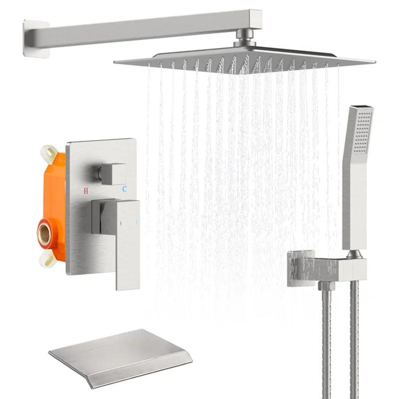 

Rainshower System Brushed Nickel Tub Shower Faucet Set 10" Square Rain Shower Head with Handheld Sprayer