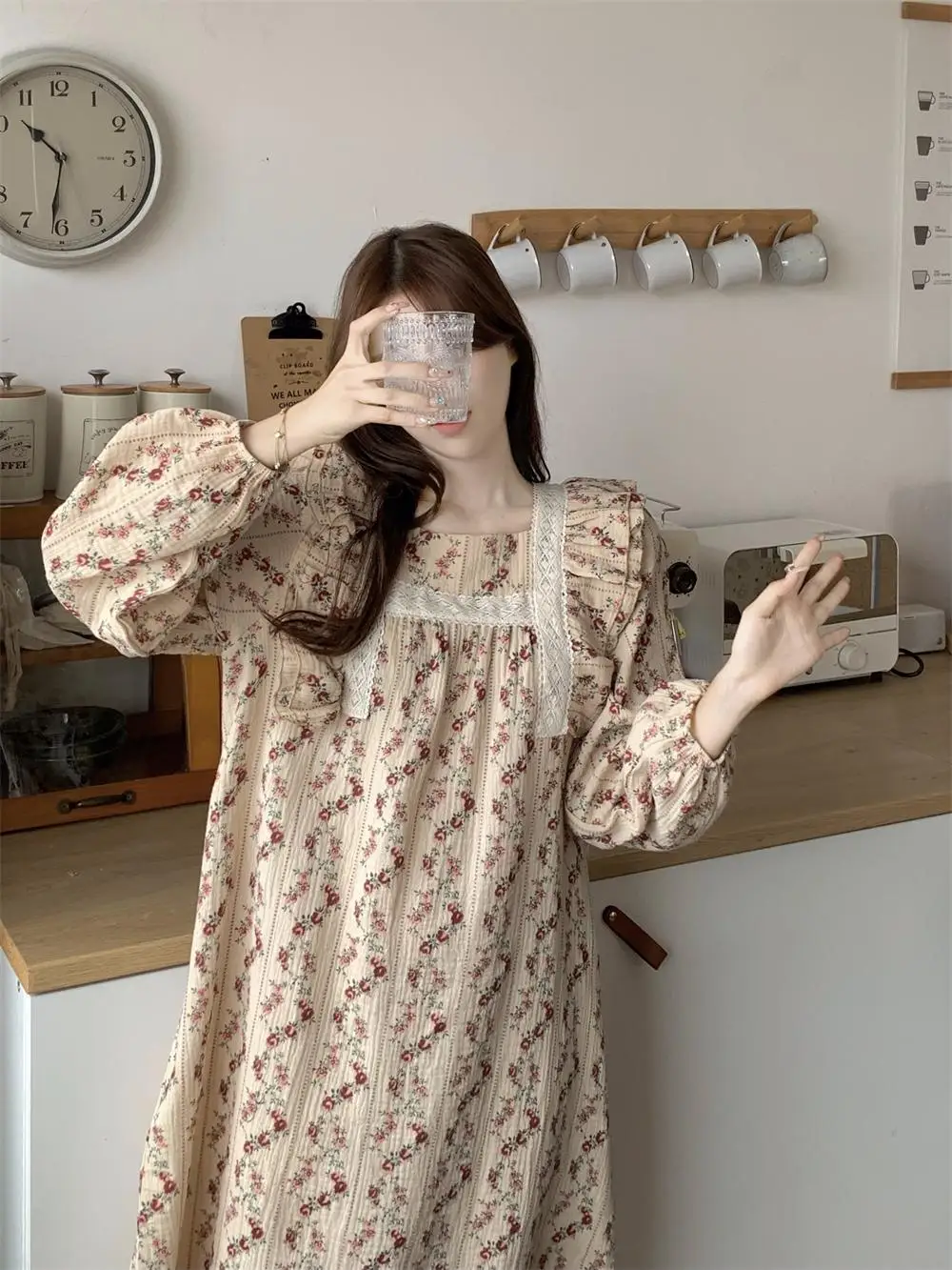 Vintage Floral Print Autumn Nightgown Women Square Collar Long Sleepwear Cotton Casual Night Dress Loose Long Sleeve Homewear