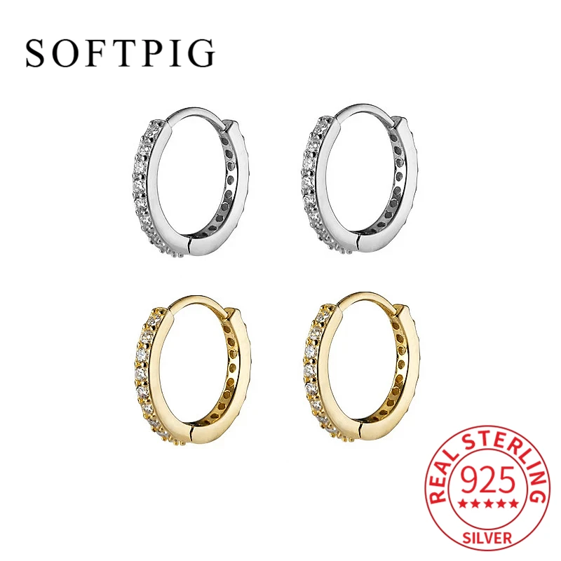 

SOFTPIG Real 925 Sterling Silver Minimalist Geometric Zircon Round Hoop Earrings For Charm Women Classic Fine Jewelry Bijoux