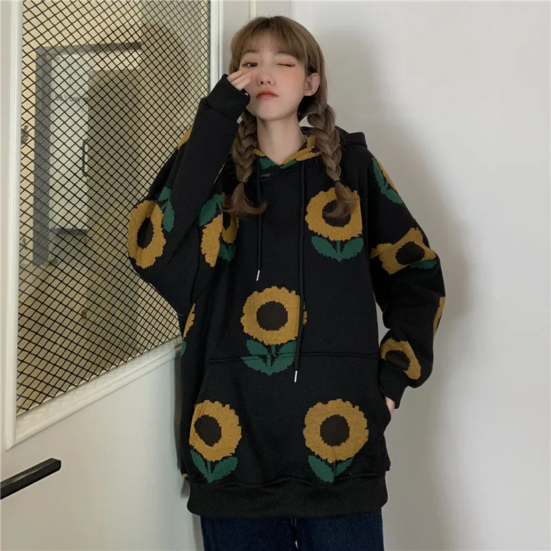 

Sunflower Sweater women autumn and winter plus cashmere thickened loose Korean version of the Retro Hong Kong flavor black