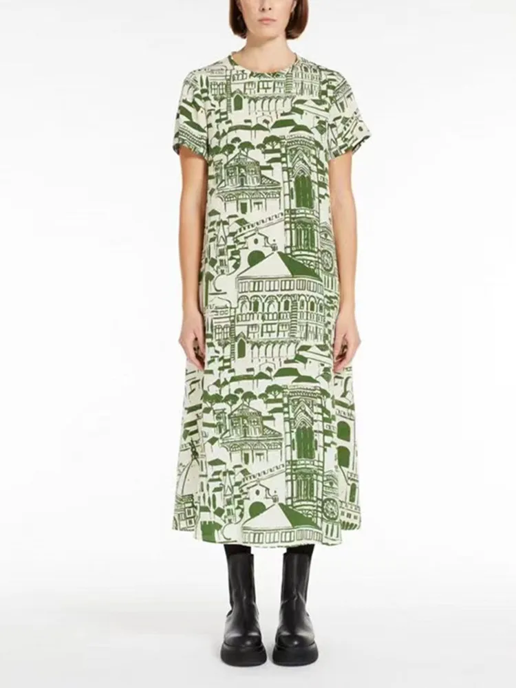 

Retro Green Print Women Straight Loose Silk Mid-Length Dress Short Sleeve Temperament Ladies O-Neck Long Robe 2023 New Summer