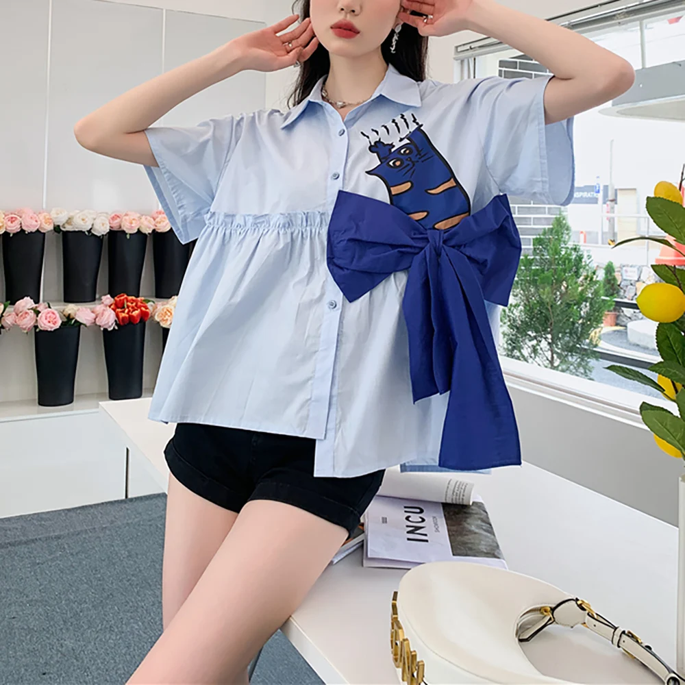 

2022 Summer New Fashion Women Blusas Cotton Bow Tie Light Blue Blouses Femme Cute Cartoon Print Chic Blusa Feminina Tops