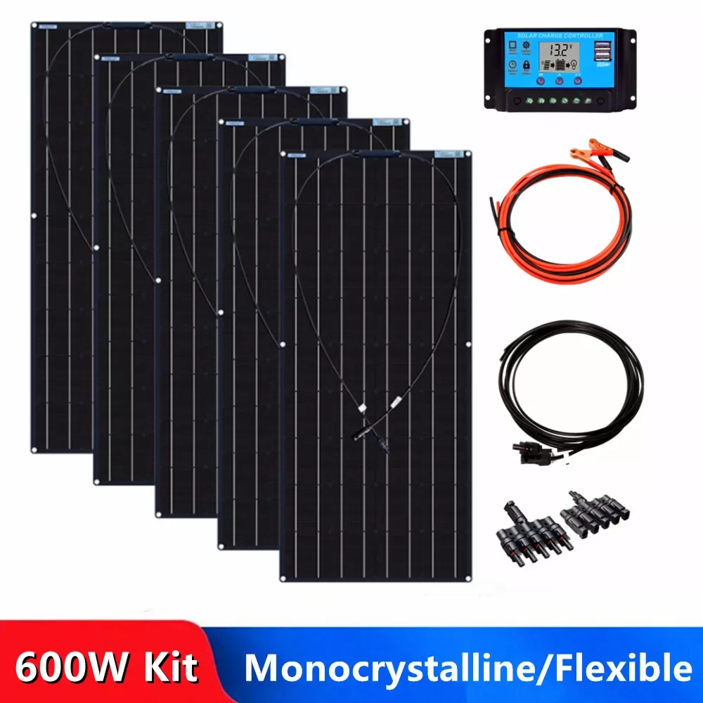 

2023New 600W Solar Panel Kit Flexible Monocrystalline Cell 18 Volts 120 Watts Solar Panels 12V 24V Battery Charger For Home RV C