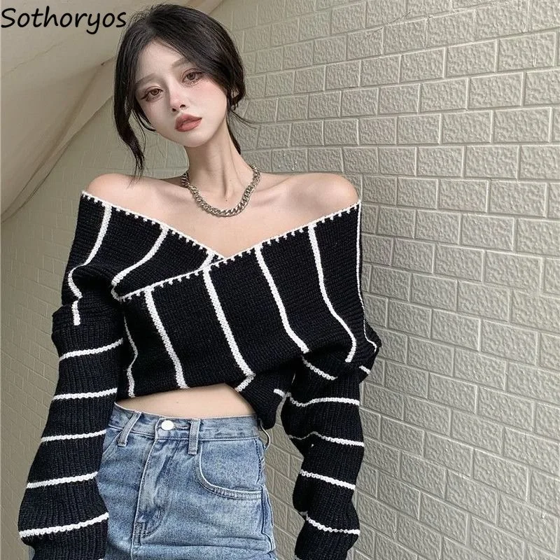 

Pullovers Women Criss-cross Sexy Designer Slash Neck Daily Ladies Slim Casual Striped Sweater Autumn Special Korean Style Retro