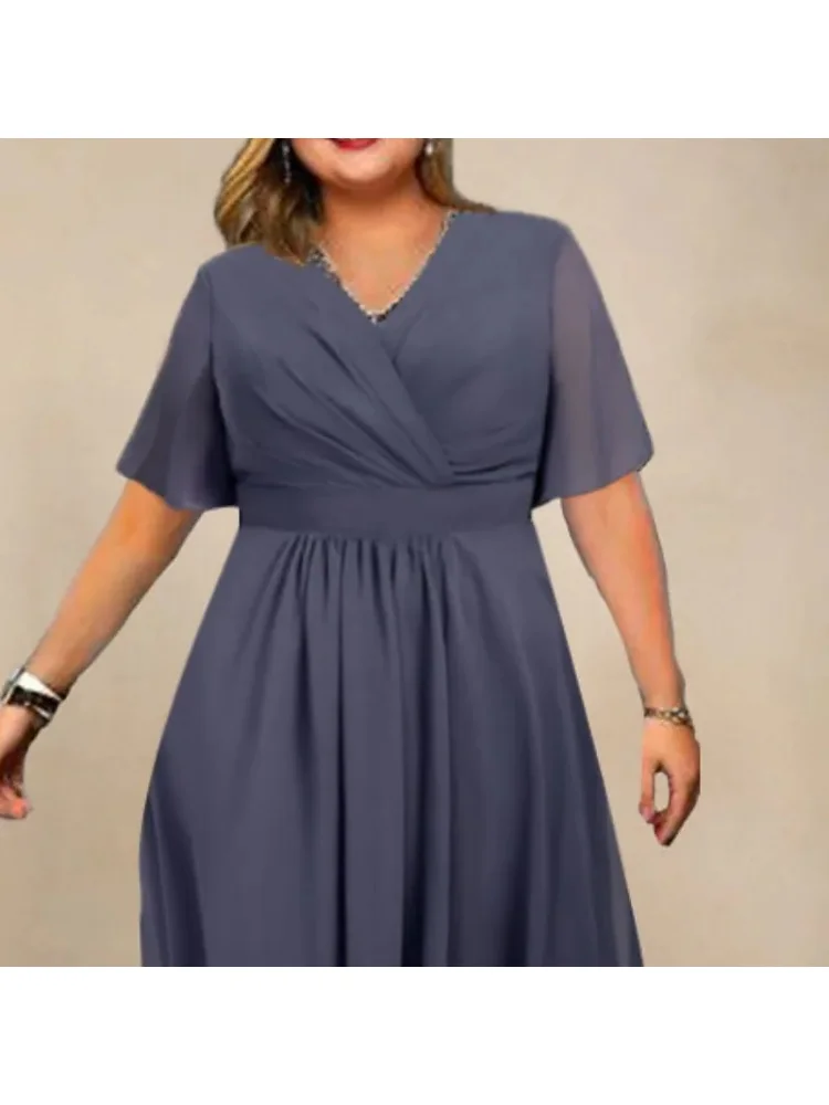 Solid V-neck ruffled short sleeves spring, summer and autumn sexy holiday casual dress plus size women clothing