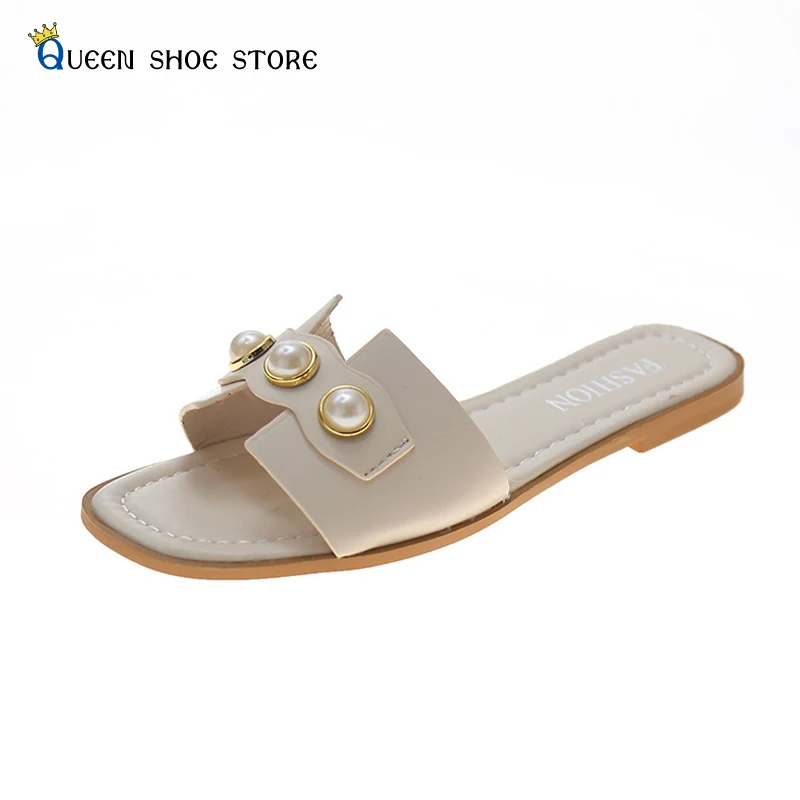 Fashion Pearl Women's Shoes Flat-soled Comfortable Outer Wear One-word Slippers Light And Breathable Outer Wear Beach Sandals