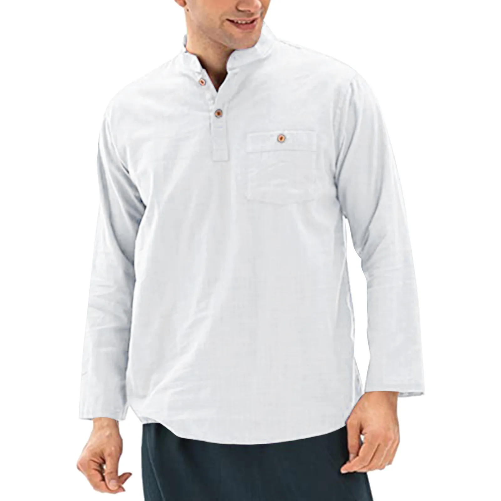 

Men Fashion Casual Top Shirt Solid Color Pockets Buttoned Top Shirt Slub Cotton Shirt Long Sleeve Top Adult Bodysuit Male