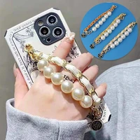 1pc fashion hanging chain pu leather pearl mobile phone cord hold straps diy accessories