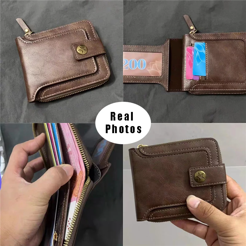 Men's Short Wallet European and American Retro Wallet Horizontal Zipper Buckle Bag Card Holder Men Purse Buckle Coin Wallet