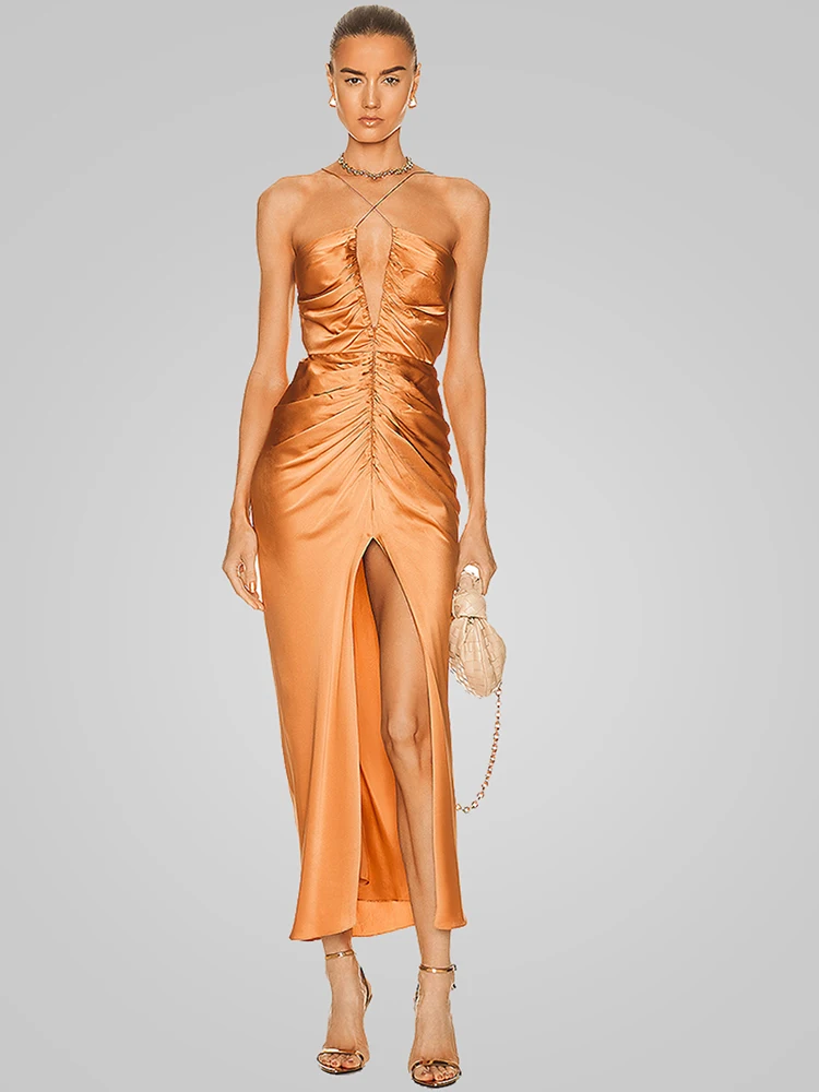 

Женское платье без рукавов с V-образным вырезом, складки с разрезом на шее, выемки, Европейская и американская мода, высококачественная одежда, Новинки