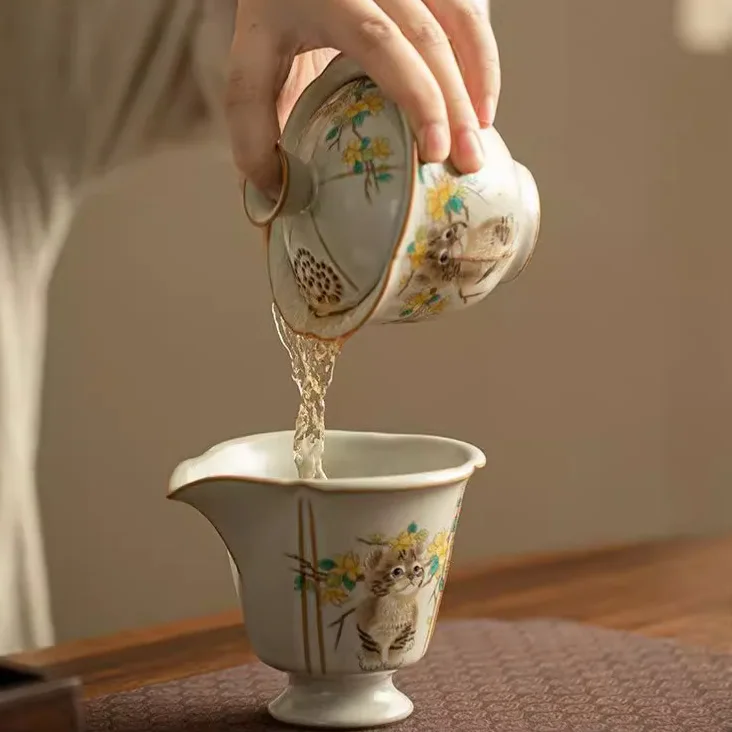 Ru Ware Cat Sancai Gaiwan Чайная чашка Набор кунг-фу Одинарная фарфоровая открывающаяся