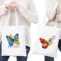 shopping bags women canvas shoulder bag reusable ladies butterfly pattern handbags casual tote grocery storage bag for girls