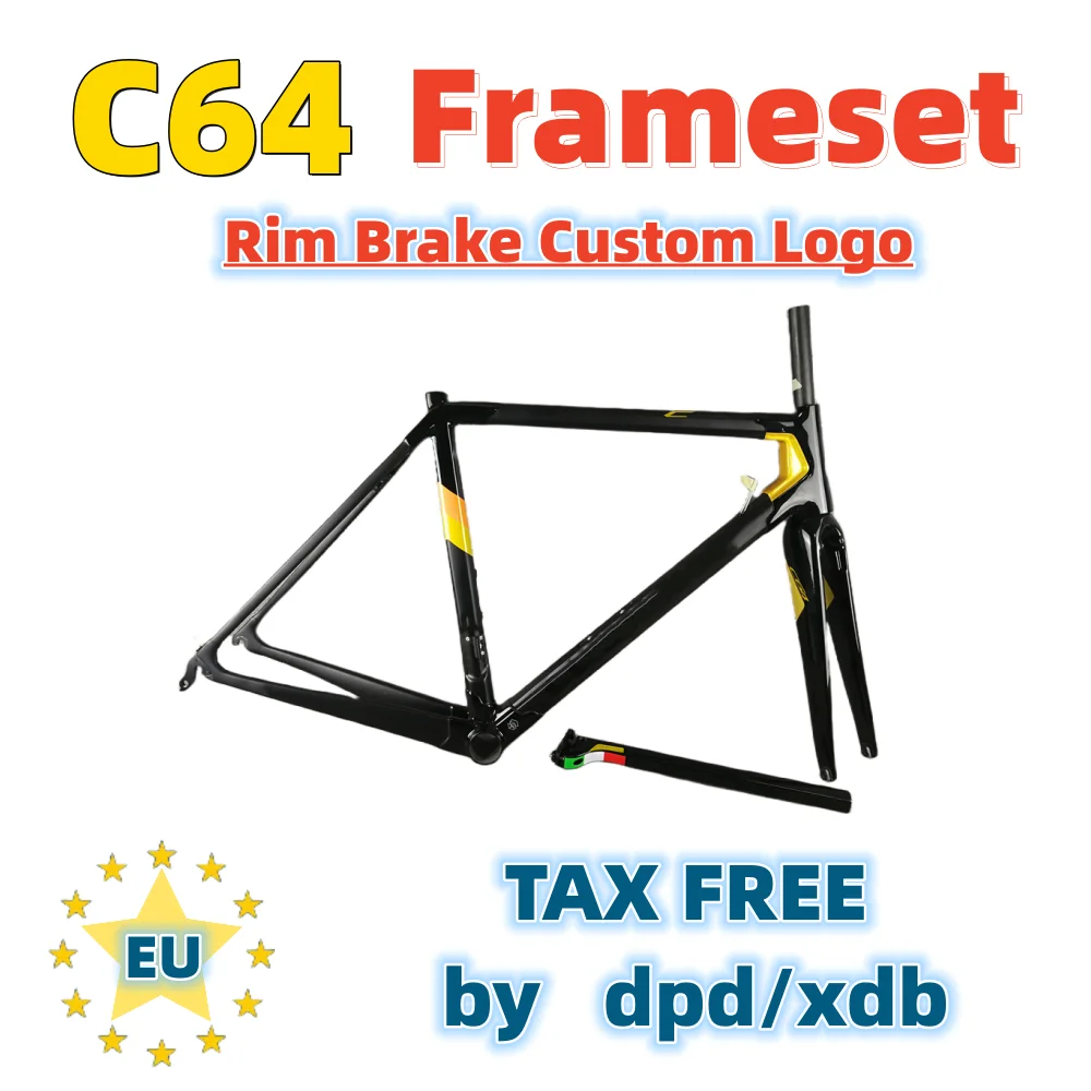

Full C64 Carbon Road Bike Frame Golden Black Color T1100 Carbon Bicycle Frameset 2 Holes V Brake