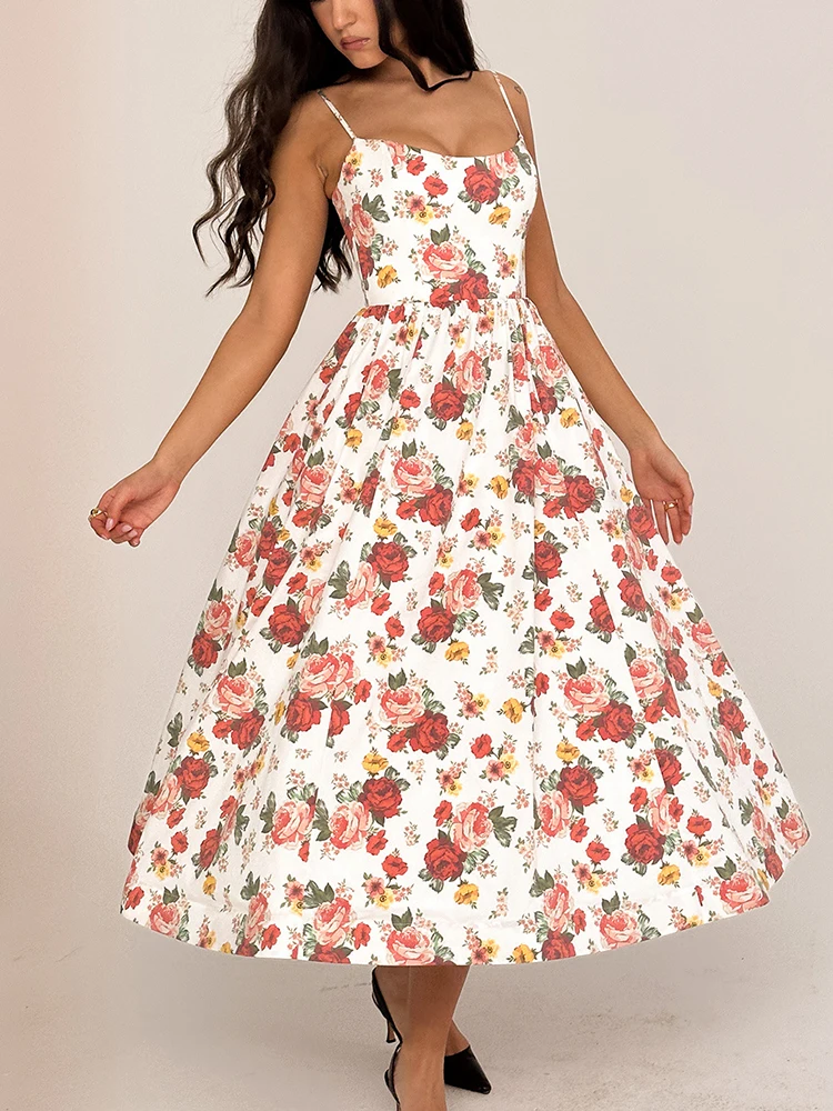 Женское летнее сексуальное платье миди с цветочным принтом и открытой спиной