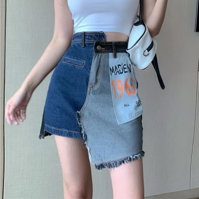 Slim fitting women's denim washable bicolor tassel retro short skirt,  denim skirt  korean style  Button  Casual  Cotton