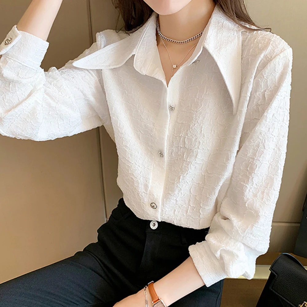 

Women Shirts And Blouses 2022 Feminine Blouse Top Long Sleeve Casual White Turn-down Collar OL Style Wrinkle Women Loose Blouses